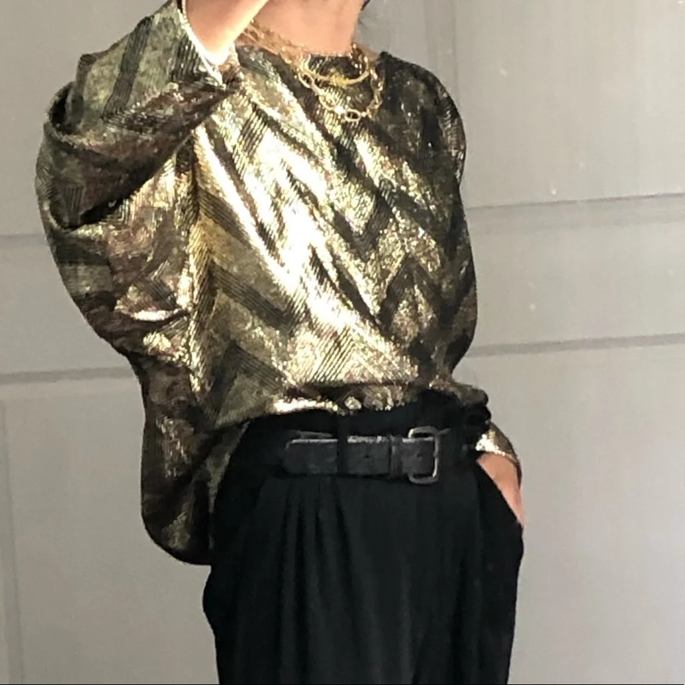 Halston III Vintage Metallic Long Sleeve Blouse - Picture 2 of 8